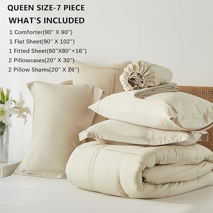 Yogeneg Queen Comforter Set 7 Piece Bed in a Bag,Grid Pinch Pleat Beige Bedding Set,Striped Textured Soft Microfiber Comforter with Sheet Set,All Season Complete Bed Set(Beige,Queen)