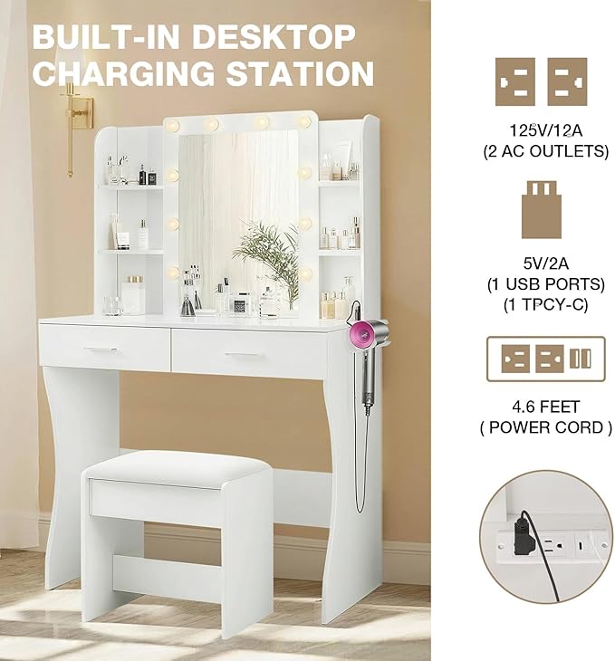 Vanity Desk with Mirror and Lights, Makeup Vanity Table and Chair Set with Power Strip, 3 Color Modes Adjustable Brightness Dressing Table, White Vanity for Bedroom