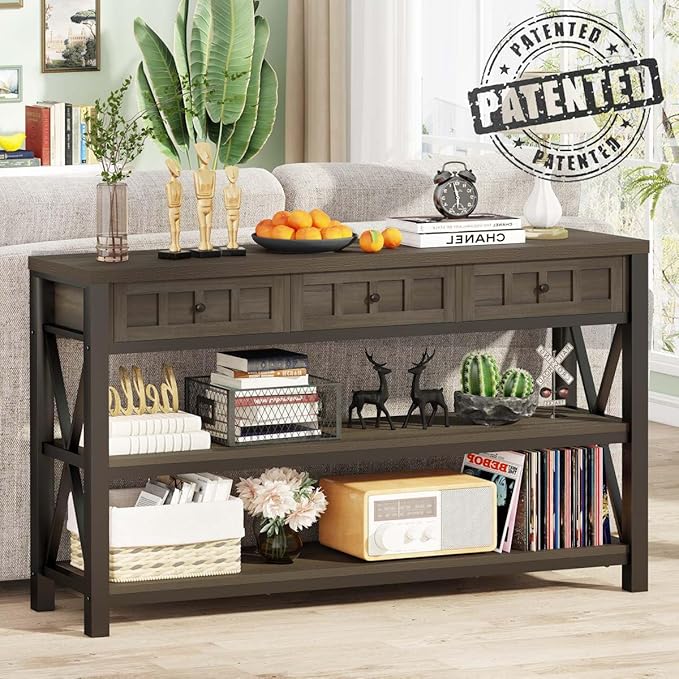 FATORRI Console Table with Storage for Entryway, Rustic Sofa Table with 3 Drawers for Living Room, Farmhouse Hallway Tables and Couch Tables Behind Sofa (54.72 Inch Long, Walnut Brown)