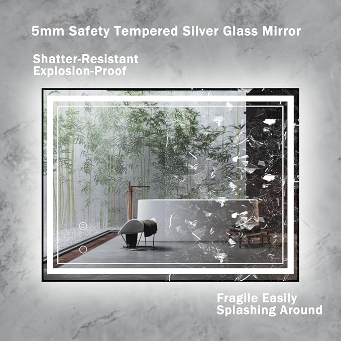 40" x 30" LED Bathroom Mirror with Lights Framed LED Mirror for Bathroom Backlit and Front Lighted Bathroom Mirror Black Square Aluminum Frame Anti-Fog Dimmable Shatter-Proof Memory