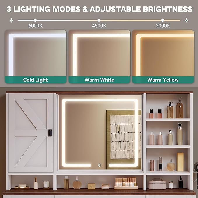 YITAHOME 48'' Farmhouse Makeup Vanity Desk with Mirror and Lights, 68'' 360° Rotation Big Modern Lighted Vanity Table with 6 Drawers & Lots Shelves, Rustic Large Dressing Table, Antique White