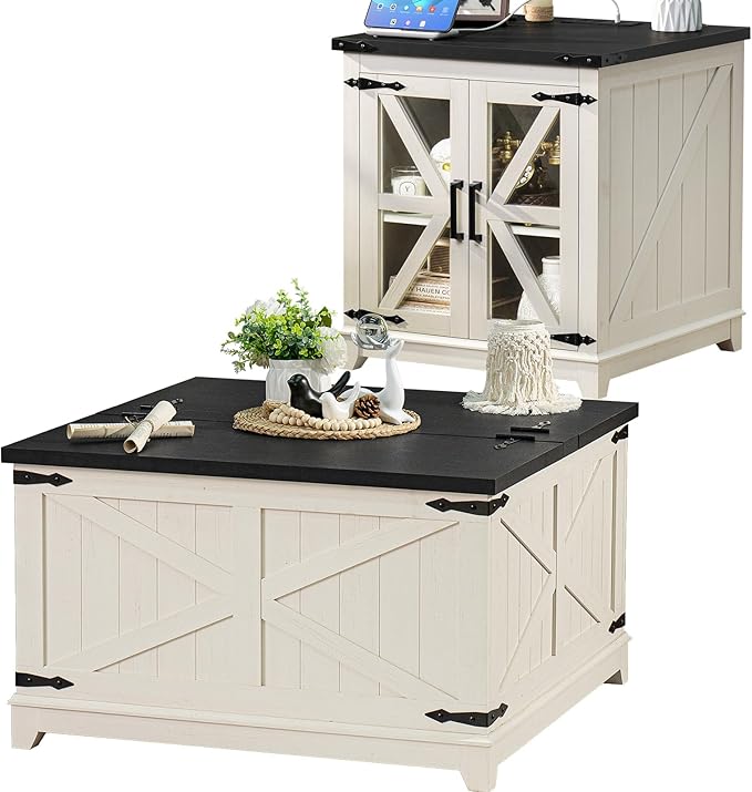 Farmhouse Coffee Table Sets 2 Pieces, Large End Side Tables with Charging Station and Coffee Table with Hidden Storage Compartment, Black Living Room Table Set, Wood Furniture Sets for Home Office