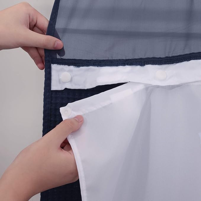 River Dream Navy Blue Fabric Shower Curtain Set, Cotton Blend, Waffle Weave, with Snap in Replacement Liner，71 x 86 inches