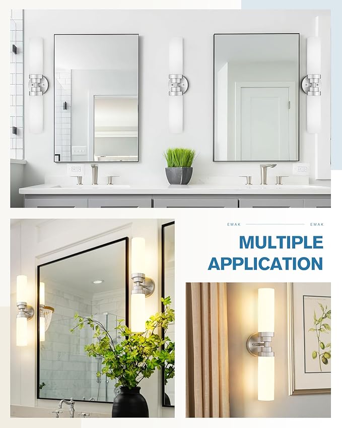 Emak Modern Brushed Nickel Bathroom Light Fixtures, 2-Light Vanity Lights for Mirror, 22 Inch Indoor Wall Sconces with Milk Glass Shade for Bathroom, Bedroom, Hallway, VL085-BN-ML-2