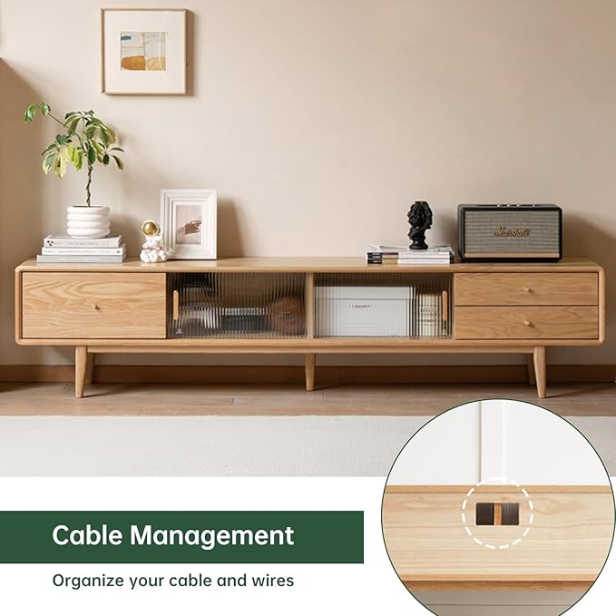 70.87" L Solid Oak Wood TV Stand for 65-80 Inch TVs, Glass Sliding Door TV Console with 3 Drawers and 2 Cabinets, Entertainment Center with Storage Cabinets TV Stands for Living Room (Log Color)