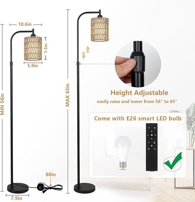 Floor Lamp with Remote, Dimmable Rattan Floor Lamp with LED Bulb, Industrial Black Tall Pole Lamp with Rattan & Fabric Shades, Boho Farmhouse Standing Lamps for Living Room Bedroom Office