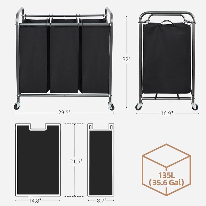 STORAGE MANIAC 3 Section Laundry Sorter, 35.9 Gal (136 L) Laundry Hamper Cart with Heavy Duty Rolling Lockable Wheels and Removable Bags, Clothes Organizer Basket Clothes Separator Hamper, Black