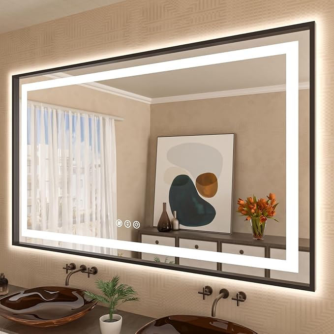 Amorho 60" X40" LED Bathroom Mirror Framed, Front Light and Backlit, Stepless Dimmable, Anti-Fog, Shatter-Proof, Memory, 3 Colors, Double LED Vanity Mirror