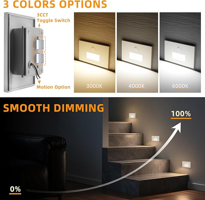 4 Pack Motion Sensor Stair Lights Indoor Outdoor,Dimmable Motion Activated Step Lamp 3000K/4000K/6000K,Hardwired 120V 3W IP65 Waterproof Outside Stairway Lights,Led Staircase Light- White