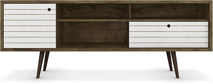Manhattan Comfort Liberty Mid Century Modern TV Stand for Televisions up to 65 Inches, Bedroom and Living Room Entertainment Center with Storage, Shelves, and Cabinet, 71" Wide, Rustic Brown/White