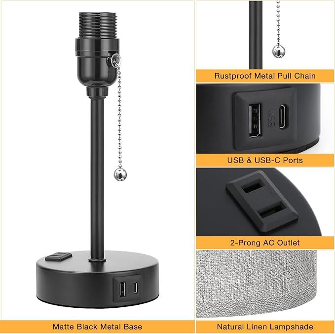 Grey Nightstand Lamps 3 Color Temperatures - 2700K 3500K 5000K Bedside Lamps with USB C and A Ports, Pull Chain Table Lamps with AC Outlet, Small Lamps with Black Metal Base for Sleeping Reading