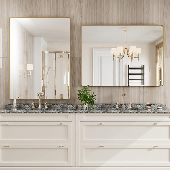 Gold Bathroom Mirror, 48x36 Inch Brushed Gold Metal Frame Mirror for Wall, Rounded Rectangle Bathroom Vanity Mirror, Tempered Glass, Anti-Rust, Horizontal/Vertical