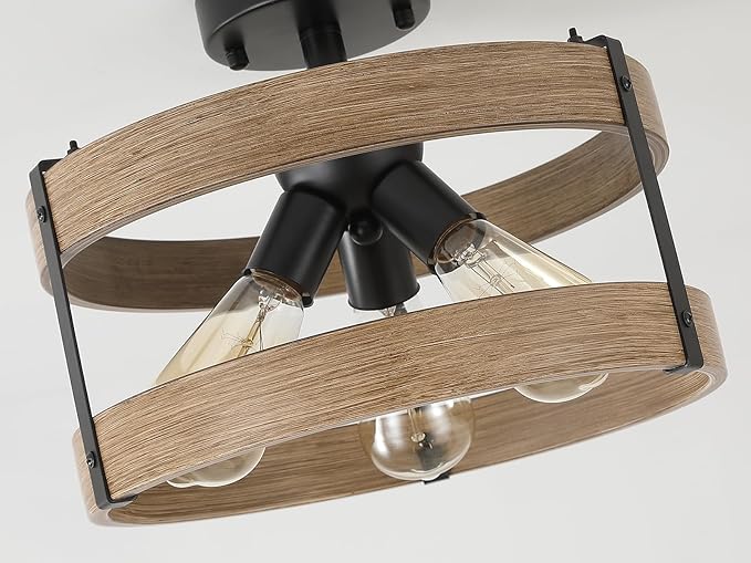 2 Pack 3-Light Rustic Farmhouse Metal Flush Mount Ceiling Light Fixture Wood Grain Metal Round Drum Semi Flush Mount Ceiling Light for Hallway Hall Entry Bedroom Farmhouse Home, Black