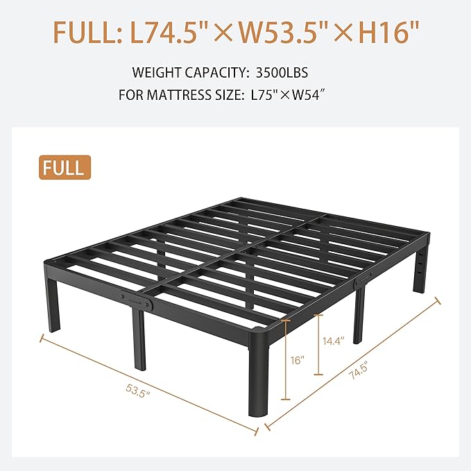 Full Size Bed Frame 16 Inch, Metal Platform Full Bed Frame No Box Spring Needed, DIY Headboard Hole, Heavy Duty Steel Support 3500 LBS, Noiseless, Round Leg, Storage Space, Easy Assembly, Black