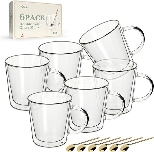 LIBWYS 12oz Double Wall Glass Coffee Mugs, Cappuccino Latte Tea Cups with Handle, Heat Resistant Borosilicate Insulated Clear Glasses (Set of 6)
