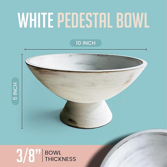 Whitewash Pedestal Bowl - 10 Inch, Wide Whitewash Footed Bowl as Fruit, Key, Decorative, Candy Holder or Centerpiece, Wooden Bowl Decorative for Kitchen, Dining Table & Home Accessories