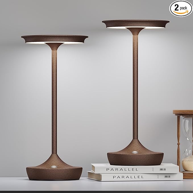 2 Pack LED Rechargeable Cordless Table Lamps, Portable Outdoor Battery Operated Table Light 3 Color Stepless Dimming Table Lamp with Memory Function for Patio Restaurant Dining Room Rust