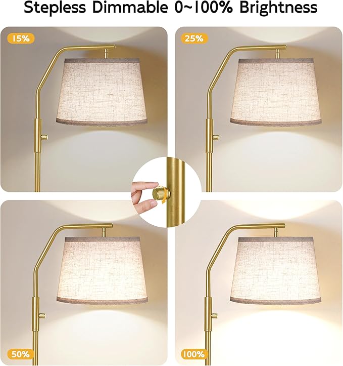 SUNMORY Floor Lamps for Living Room, 9W Bulb Included, Lamp for Bedroom with Adjust Head, Standing Lamp with Rotary Switch, 0-100% Dimmable Floor Lamp for Living Room Bedroom Office Nursery, Gold.