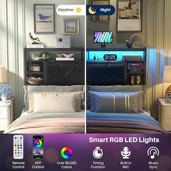 Queen Size Headboard with Charging Station and Smart RGB LED Lights, Queen Bed Upholstered Head Board with Storage Shelf, Sturdy and Solid Headboards for Bedroom, Guest Room and Dorm, Black