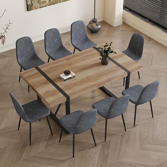 Dining Table Set for 8，9 Piece Dining Table Set，71'' Kitchen Table and Suede Nap Fabic Chairs Set of 8，for Kitchen Dining Room