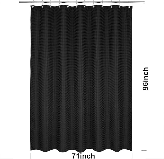Barossa Design Extra-Long Waffle Weave Shower Curtain 71" W x 96" H - Hotel Luxury Spa, 230 GSM Heavy Weighted Fabric, Water Repellent, Black, 71x96