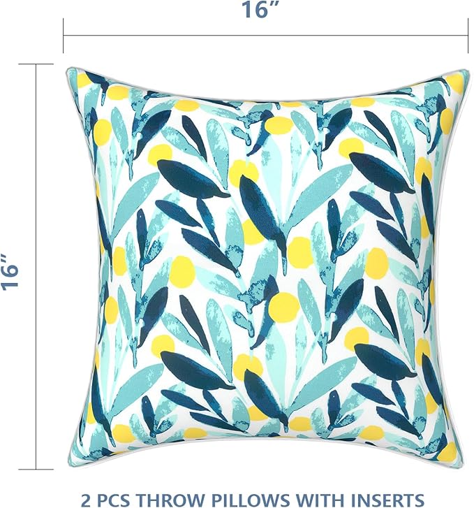 LVTXIII Outdoor Throw Pillows 16x16 Inch Patio Waterproof Square Pillows with Piping Fade Resistant Accent Pillow for Spring Summer Garden Decoration, Set of 2, Leaves Multi