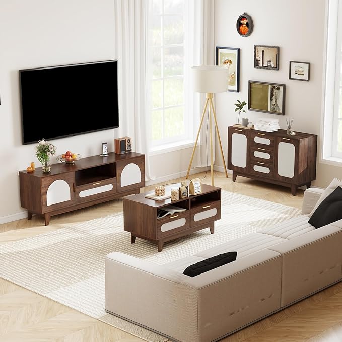 CANMOV Mid Century Modern Living Room Table Sets, Includes TV Console for 60-70 inch TV, 39 inch Coffee Table and 47" Buffet Cabinet with Storage for Bedroom, Living Room (Walnut)