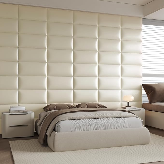 Beige Stick Headboard - 6-Piece Wall-Mounted Bed Backboard for Queen Size Beds, 24 x 12 Inches, Easy-to-Install Decorative Bed Head and Peel and Stick Queen Size Headboard for Bedroom Décor