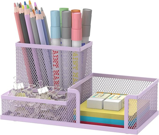 SUPEASY Mesh Pen Holder Desk Organizer, Office Supplies Pencil Storage with 3 Compartments, Office Desk Accessories and Workspace Organizers for Home School, Purple