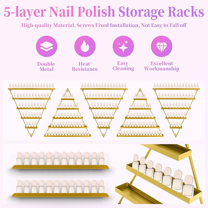 Metal Wall Mounted Nail Polish Organizer, Golden 5 Tier Triangle Display Rack Cosmetic Display Cabinet Lipstick Perfume Wall Shelf Essential Oil Organizer for Home Spa Nail Salon Shop