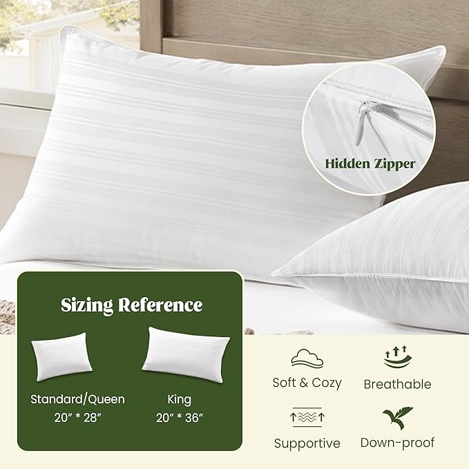puredown Goose Feather Down Pillows, Bed Pillows for Sleeping with 2 Outer Protectors, Hotel Standard/Queen Pillows Set of 2 (Pack of 2)