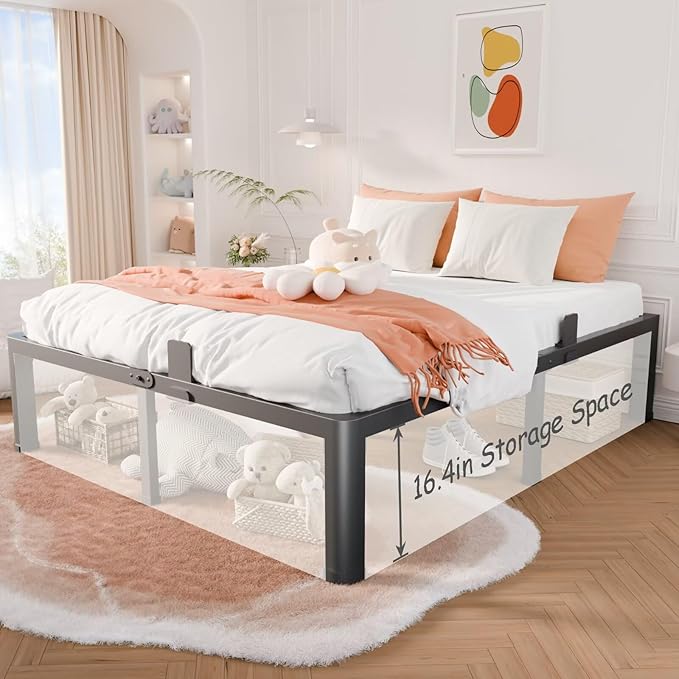 18 Inch King Bed Frame with Rounded Corner and Headboard Hole Mattress Retainers 3500 lbs Heavy Duty Support Metal Platform Bed Frame Noise Free No Box Spring Needed Easy Assembly