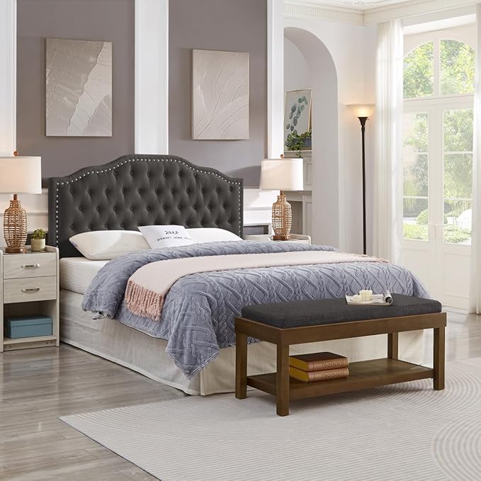24KF Upholstered Button Tufted Queen Headboard with Nailhead Trim, Elegant Boucle Fabric Full headboard, 6031-Q-Boucle-Dark Gray