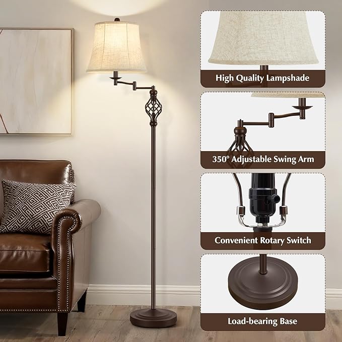 GyroVu 3 Color Temperature Floor lamp, Traditional 350° Adjustable Swing Arm Floor Lamp Vintage Pole lamp Farmhouse Lamp for Living Rooms, Rustic Standing Lamp for Bedroom Reading(Red Brown)