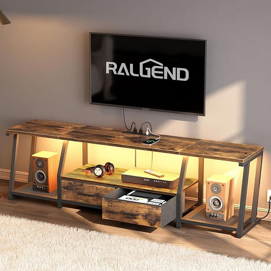 LED TV Stand with Fabric Drawers for 80 Inch TV, Entertainment Center with Power Outlets and Open Storage Shelves, Industrial Media TV Console Table for Living Room, Bedroom, Rustic Brown