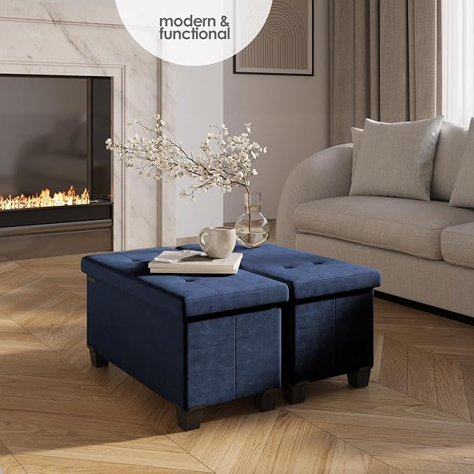 STORAGEBUD Storage Ottoman Bench with Bins, 30-in Storage Bench for Bedroom End of Bed, Folding Foot Rest Ottoman for Living Room Max 660lbs, Velvet Ottomans, Blue