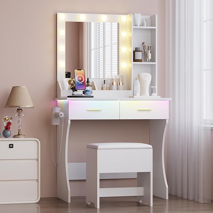 Vanity Mirror With Lights Desk And Chair, Small Makeup Vanity Set with Charging Station, Dressing Table with 2 Large Drawers, RGB Ambient Light, 3 Lighting Modes & Adjustable Brightness, White