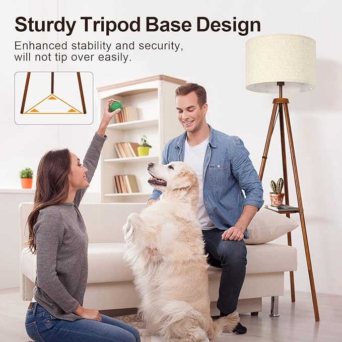 OUTON Wood Tripod Floor Lamp with Shelves, Mid Century LED Modern Dimmable Floor Lamp with Remote Control, Sturdy Tall Standing Lamp with Beige Linen Texture Shade for Living Room, Bedroom, Office