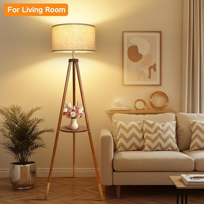 OUTON Wood Tripod Floor Lamp with Shelves, Mid Century Floor Lamp with Remote Control, 4 Color Temperature, LED Modern Dimmable Standing Lamp for Living Room, Bedroom, Office, Walnut & Gold