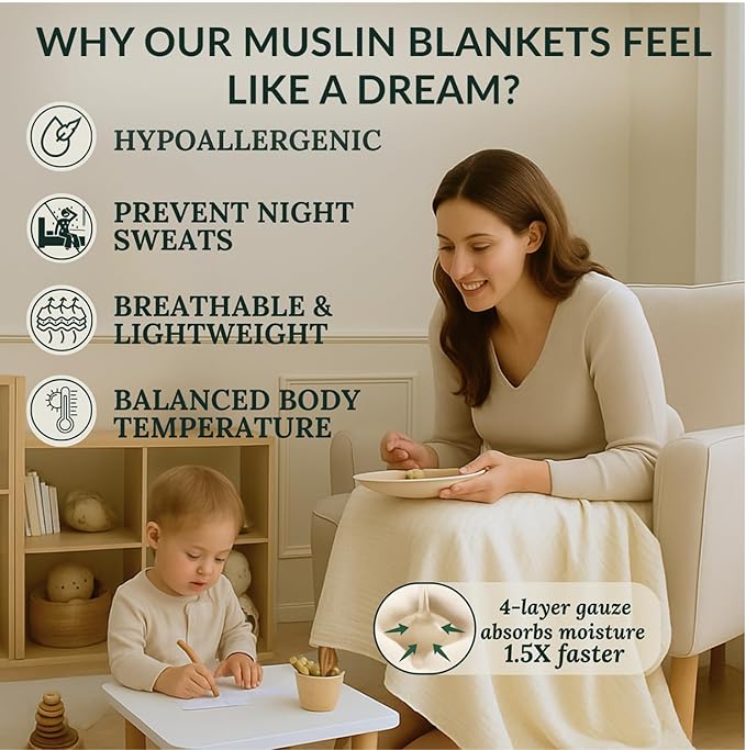 Extra Large 4 Layer Muslin Throw Blanket, 100% Cotton Blanket for Couch, Bed,Sofa, Home Decor,Pre-Washed Gauze, Best Summer Blanket, 50x70, Ivory