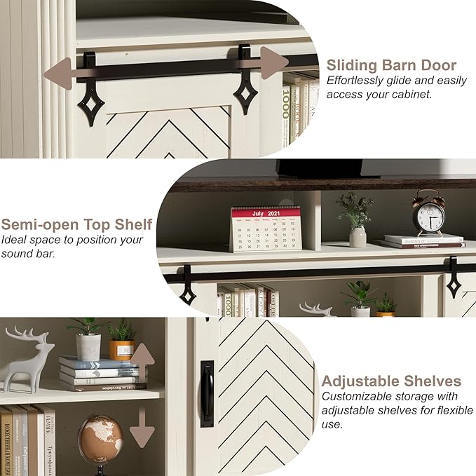 Farmhouse TV Stand for 65+ Inch TV, 31" Tall Entertainment Center with Sliding Barn Door, Rustic TV Stands for Bedroom with Adjustable Shelf, Wooden TV Consoles for Living Room, Antique White