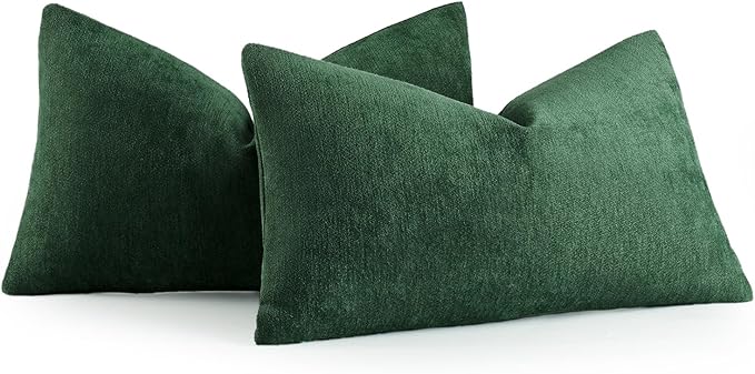 MIULEE Pack of 2 Dark Green Decorative Pillow Covers 12x20 Inch Soft Chenille Couch Throw Pillows Farmhouse Cushion Covers for Home Decor Sofa Bedroom Living Room