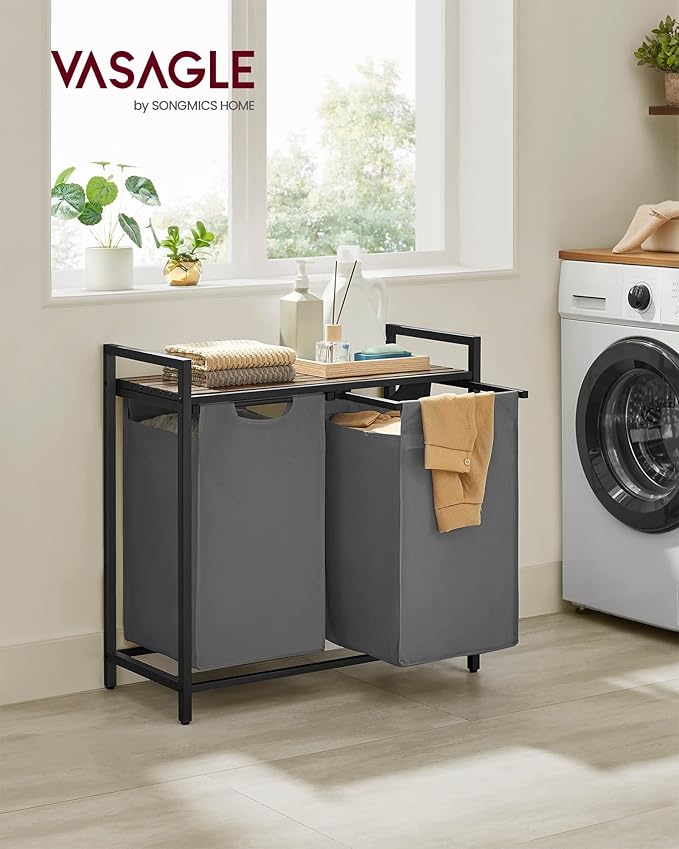 VASAGLE Laundry Hamper, Laundry Basket, Laundry Sorter with 2 Pull-Out and Removable Bags, Shelf, Metal Frame, 2 x 12.1 Gallons (46 L), 28.8 x 13 x 28.4 Inches, Slate Gray and Rustic Brown UBLH201G01