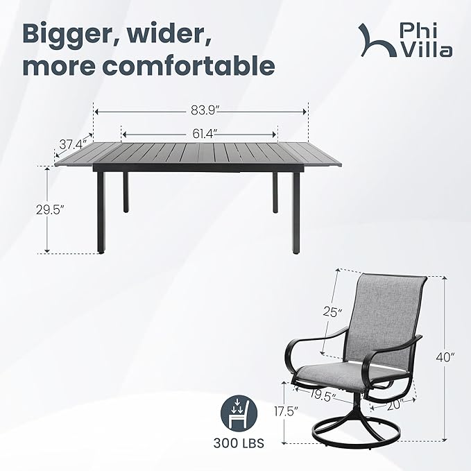 PHI VILLA 9 Piece Outdoor Patio Dining Set, Extendable Large Patio Table and 8 Swivel Dining Chairs, Outdoor Furniture Table and Gray Chairs Set for 6-8 Person
