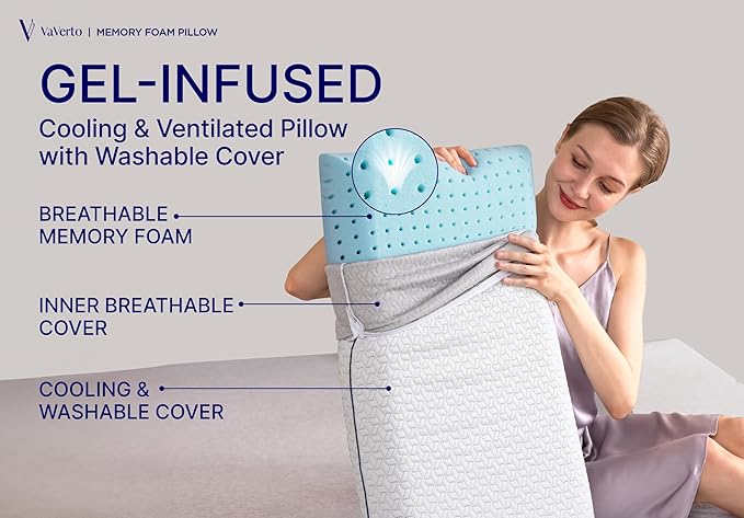 Vaverto Gel Memory Foam Pillow - Standard Size, 1 Pack, Firm Pillow for Neck and Shoulder Support, Orthopedic, Firm, Cooling, Contoured Memory Foam Pillows for Back, Side, Stomach Sleepers