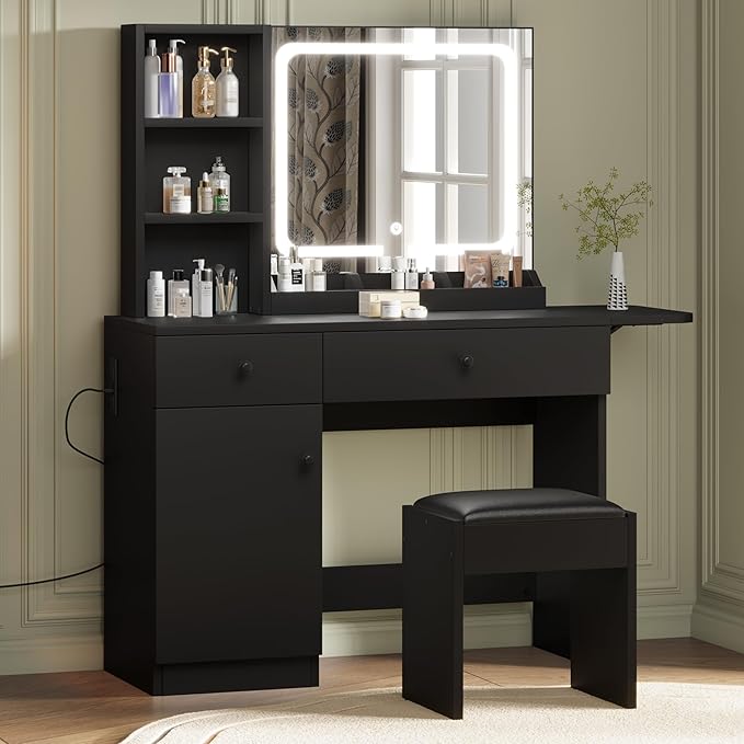 GarveeHome Makeup Vanity Desk with Mirror and Lights, Vanity Table Set with Drawer & Power Outlet ＆ Chair & 3 Shelves, Bedroom, Black