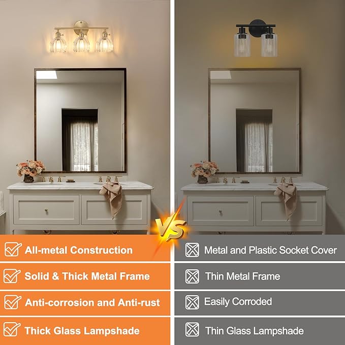 Bathroom Light Fixtures, 3-Light Brass Vanity Wall Light Over Mirror with Clear Tulip Glass Shade for Bedroom Living Room