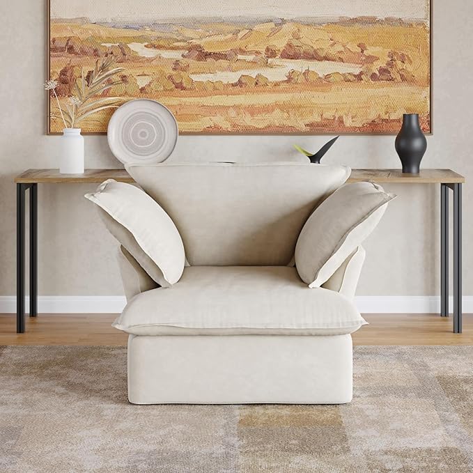 JACH Comfy Couch Chair with Thick Cushion, Single Accent Chair Deep Seat Sofas Couches, Hemp Velvet Sofa Furniture for Small Spaces, Living Room, Bedroom, Office, Apartment, Beige