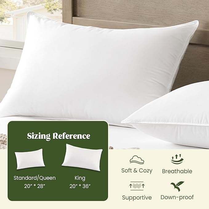 puredown® Natural Down Feather Pillows, King Bed Pillows for Sleeping Set of 2, Grand Hotel Pillows with Cotton Fabric Cover (Pack of 2)