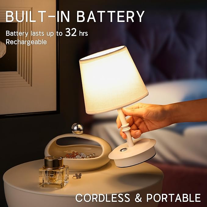 Mini – Cordless LED Table Lamp with Dimmer, Built-in Rechargeable Battery, 3-Level Brightness, Patio Table Lamp, Bedside Night Lamp, Ambient Light for Restaurant (White)